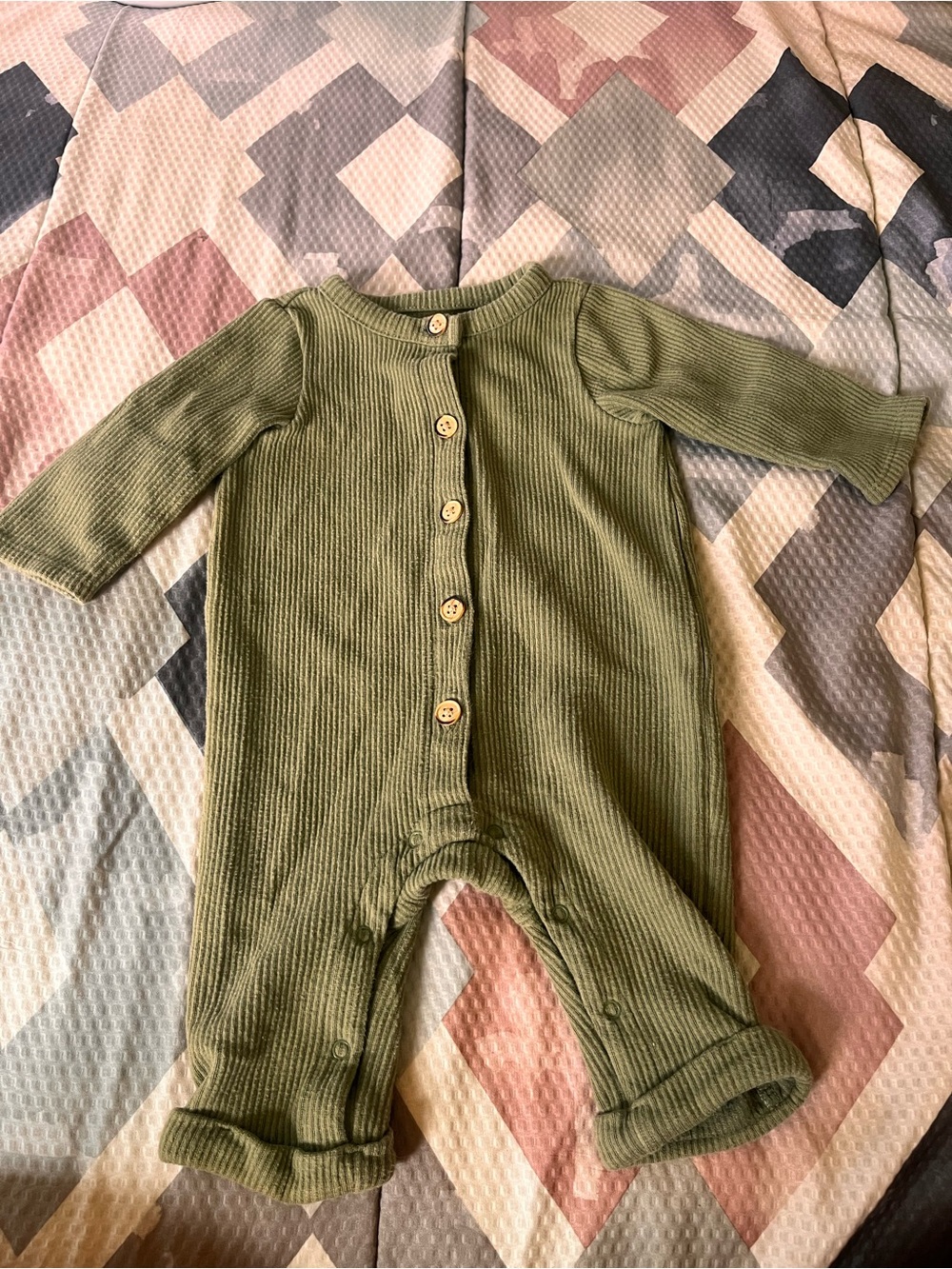 Cat & Jack Olive Green Ribbed Button-Front Baby One-Piece